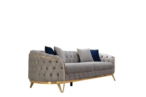 Generisch Chesterfield Sofa Maris - Samt - Sofa & Wohnlandschaft - 3-3-1 - Luxus Elegant - Wohnzimmer - 240 cm x 90 cm x 80 cm - Beige – Bild 7