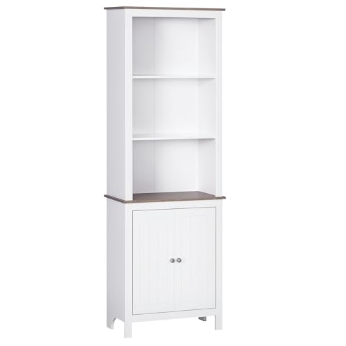 HOMCOM 69'' Freestanding Storage Cabinet, Bathroom Linen Tower, Kitchen Cupboard, Buffet Cabinet, Bookcase with Double Door 3-Tier Shelf for Home Office, White