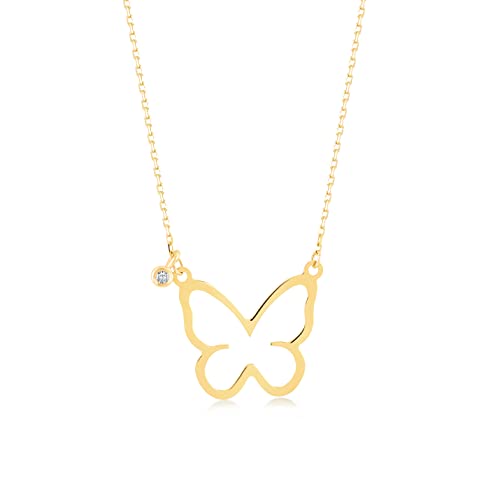 Diamond Butterfly Necklace in 14K Yellow Gold | Open Butterfly Pendant Necklace for Women | Dainty Wing Jewelry | 18