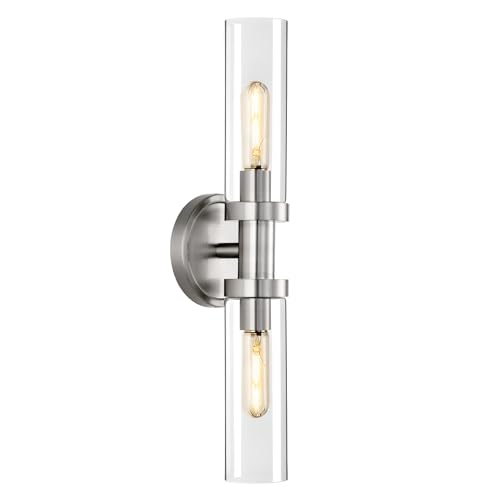 Image of Brushed Nickel Wall Sconces,2-Light Bathroom Vanity Light Fixture, Modern Bathroom Sconces Wall Lighting Clear Glass Shade, Horizontal and Vertical Wall Mount Lamp for Mirror Hallway Kitchen