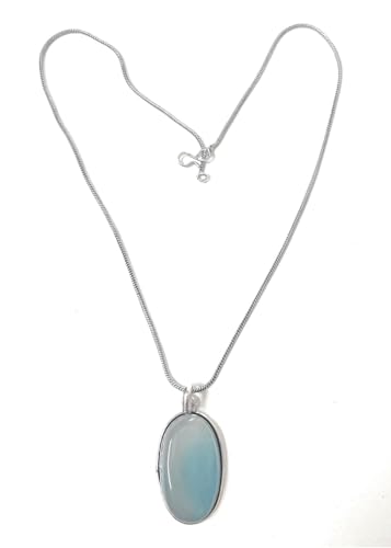 Image of Natural stone Pendant Necklace, Oval Stone, brass Chain,silver coated Blue Gemstone Jewelry