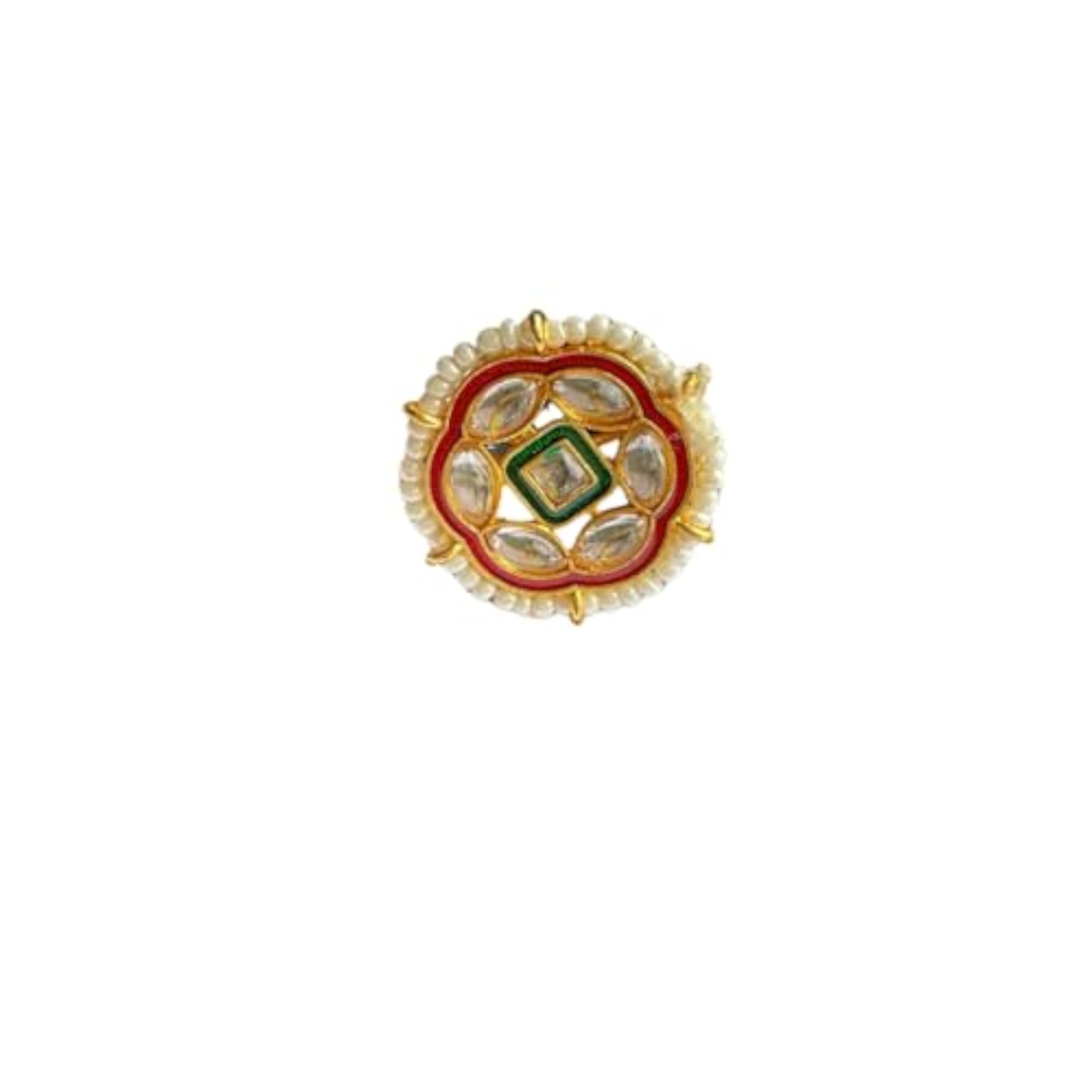 Traditional Kundan Pearl Ring Set with Red and Green Enamel