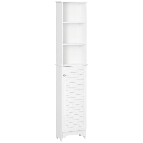 HOMCOM Armario Alto de Baño con 1 Puerta 3 Estantes Abiertos y Balda Interior Ajustable Mueble Auxiliar de Almacenaje para Salón Aseo Dormitorio 34x20x165 cm Blanco