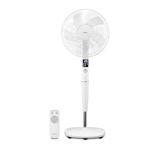 MEDION Ventilador de pie P20 SF con mando a distancia (26 velocidades, 30 vatios de potencia, oscilación horizontal y vertical, función de temporizador, altura regulable, MD11939) blanco