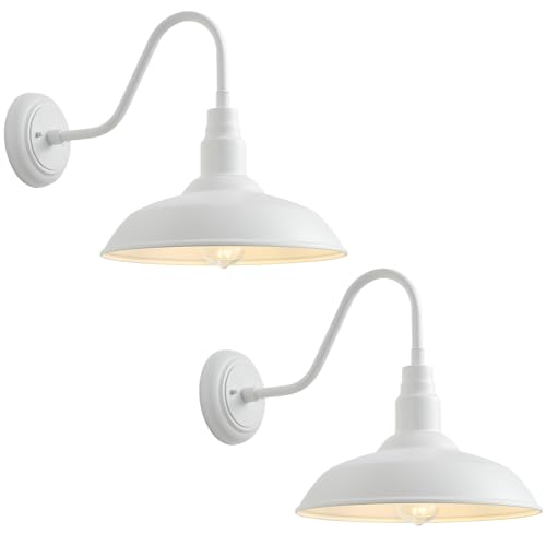 Image of 2 Pack 14in Barn Gooseneck Lights for House, White Outdoor Farmhouse Wall Light Fixture for Porch, Exterior Patio Wall Sconce for Front Door, Garage