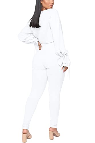 Solid Color Two Piece Outfits For Women, Ribbed Long Sleeve Crop Top And Bodycon Jogger Pants Clubwear Ribbed Tracksuit Sweatsuit, Women's Fall Loose Athletic Clothing 2 Piece Sets (White-1, M) #TOP1