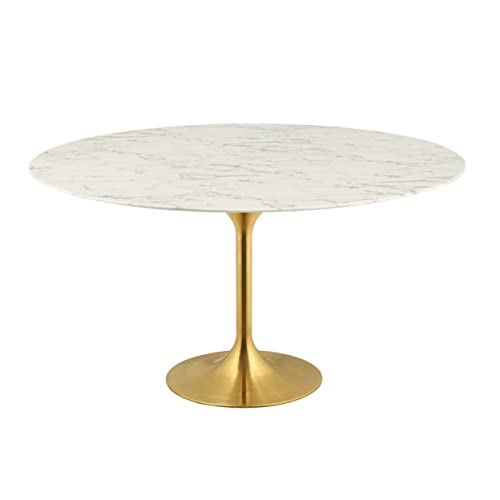 Modway Lippa 60" Mid-Century Dining Table With Round Artificial Marble Top In Gold White #TOP3