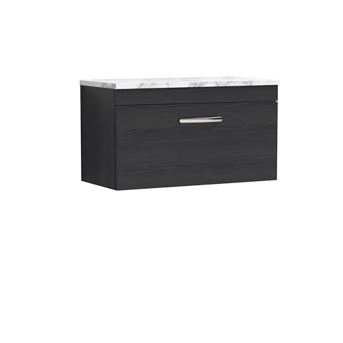 nuie ATH061LCM Athena Modern Bathroom Wall Hung Single Drawer Vanity Unit and Carrera Marble Laminate Worktop, 800mm, Charcoal Black Woodgrain