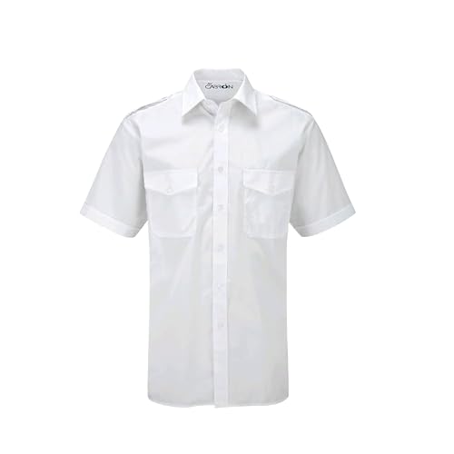 Ay Cabron Professional-Grade Pilot Shirt | Made by Pilots for Pilots | Aviation Uniform | Short Sleeve Epaulets & Flap Pocket (Size US 46 - Regular fit - White)