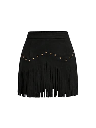 SHENHE Women's Plus Size Faux Suede Fringe High Waisted Rivet Studded Western Hippie Skirt