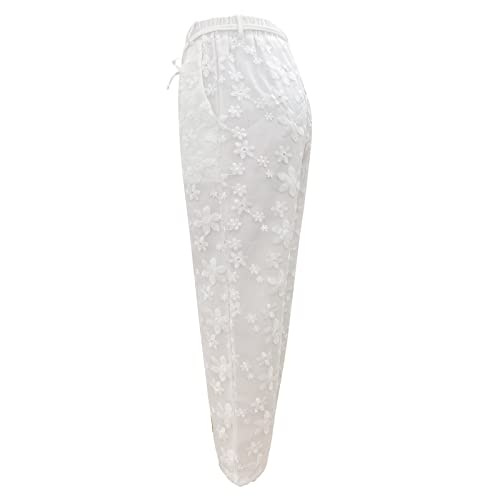 YOLAI Women's Flowers Lace Embroidery Pants Casual Loose Cotton Linen Trousers Elastic Waist Drawstring Trousers (White, L)4