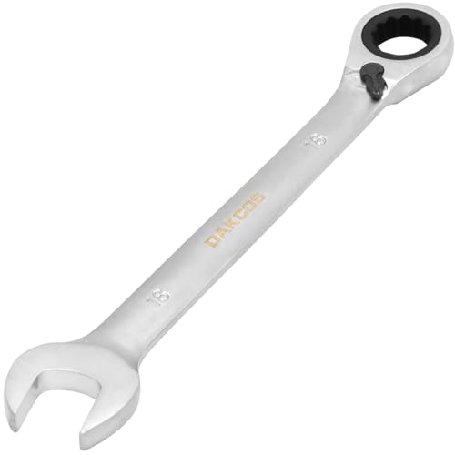 DAKCOS Fixed Head Reversible Ratchet Spanner 18mm Ratcheting Combination Wrench Chrome Vanadium Steel, Silver