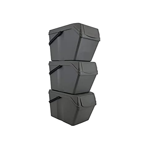 Prosperplast - Set of 3 Cuboid Recycling Bins for Kitchen - Comes with Colour-Coded Stickers - Stackable - Lightweight - 25 Litre Capacity - Grey Colour Cover