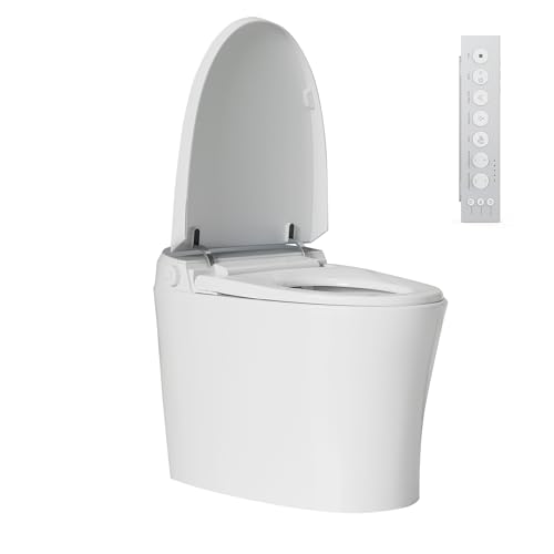 Inodoro inteligente con bidé sin tanque, asiento térmico, sensor de pie, doble descarga automática, apertura y cierre manual, luz, control remoto, inodoro moderno alargado para baño miniatura 1