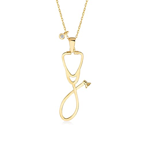 Gelin Diamond Stethoscope Necklace 14K or10K Solid Gold |18 inch Gold Chain