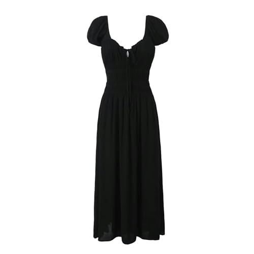 Vestido Largo de Vacaciones con Tirantes Verano Vestido Dulce con Mangas abullonadas - Negro - S