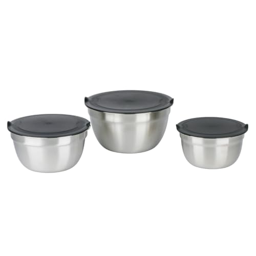alpina Cul de Poule Inox 3 Pièces - Bol Inox avec Couvercle - Bol à Mélanger pour Cuisine - Saladiers pour Salades - Cul de Poule avec Couvercle, Gris