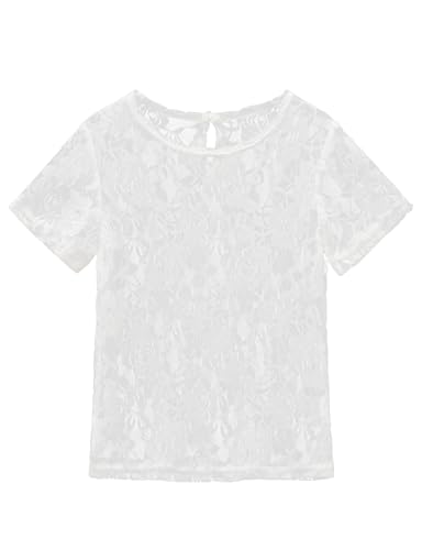 Image of Noomelfish Girls Lace Short Sleeve Layering Tops Sheer Mesh Tee Shirts Blouse (5-12 Years)