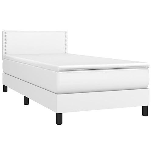 vidaXL Boxspringbett mit Matratze LED Kunstlederbett Einzelbett Polsterbett Bett Bettgestell Bettrahmen Lattenrost Schlafzimmerbett Hotelbett Weiß 90x200cm