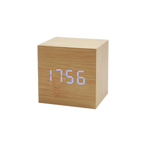 Qusinfc Reloj despertador de madera con control de voz, mesa de noche, reloj cuadrado multiusos para dormitorio de niños, dormitorio, despertador, madera