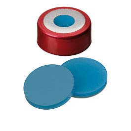 Vial Crimp Cap UltraClean Closure 20mm Magnetic Bimetall Cap, red Lacquered, 8mm Centre Hole; Silicone Transparent Blue/PTFE Transparent, 45° Shore A, 3.0m