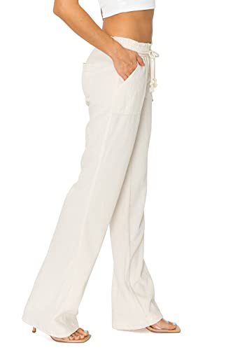 Cali1850 Women's Casual Linen Pants - 29", 32" Oceanside Drawstring Smocked Waist Beach Lounge Trousers with Pockets2
