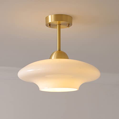 Lustre en verre du milieu du siècle tout en cuivre et laiton brossé