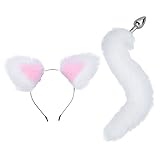 Erotische Frauen Halloween Valentinstag Cosplay Kostüm Kunstpelz Tierohr Stirnband mit Schwanz Anal Plug Spielzeug Erwachsene Party Favors (White Pink)