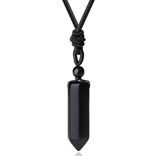 Sahoottie Obsidian Heilstein Punkt Anhänger Kette mit Einstellbar Geflochtenes Seil Sechseckige Kristall Turmalin Anhänger Kette für Damen Herren Reiki Poliertes Talisman Glückskette Vatertagsgeschenk