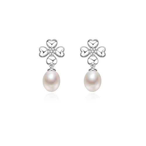 QTBH Boucles d'oreilles en Perle Boucles d'oreilles Perles de Perles d'eau Douce S925 de 7-8mm Bijoux féminins Simples à la Mode d'oreilles Pendantes Perles