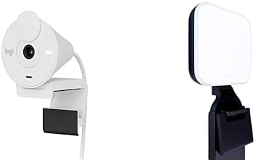 Logitech Brio 300 Full HD Webcam with Privacy Shutter, Noise Reduction Microphone-Rose + Litra Glow Premium LED Streaming Light with TrueSoft, adjustable monitor mount
