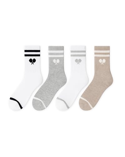 L’ORANGE Court Crew Pickleball Socks – 4-Pack | Premium Cotton Athletic Crew Socks for Men & Women | Neutral Tones, Varsity Stripe | Cushioned, Breathable, Stylish Gift Set