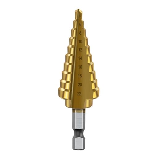 HRLORK Broca escalonada de 4 mm a 22 mm, brocas cónicas con revestimiento de titanio, brocas escalonadas en espiral de metal duro para perforación de madera, 1 paquete