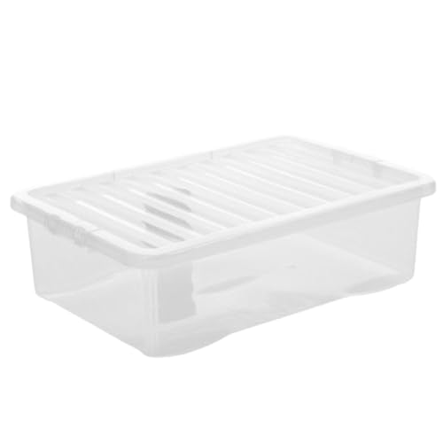 Khanary Clear Plastic Storage Boxes with Lids Clip Locking Compact Stackable Versatile Under bed Optimization Boxes Home Office Garage Kitchen Shoes Clothes Toys 32 L-UK Made (1)