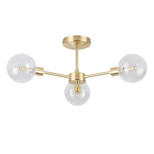 Image of firstchoicelighting Brushed Gold Brass Ceiling Light Flush Fitting with Clear Glass Globes, LED Compatible, Ideal for Low Ceilings