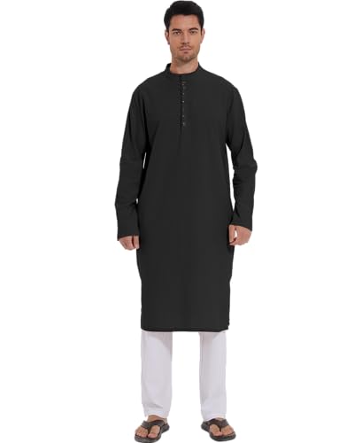 YAOHUOLE Men's Long Sleeve Muslim Thobe Robe Button Up Kaftan With Side Split and Pockets3