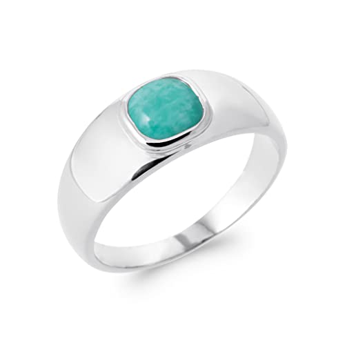 Bague fine en argent 925 rhodié alliance anneau large avec cabochon pierre carré amazonite