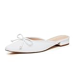GENSHUO Mules for Women Flats Comfortable Slip On Women Bow Square Toe Mules Closed Cute Backless Loafers Mule Shoes for WomenWhite Size 8
