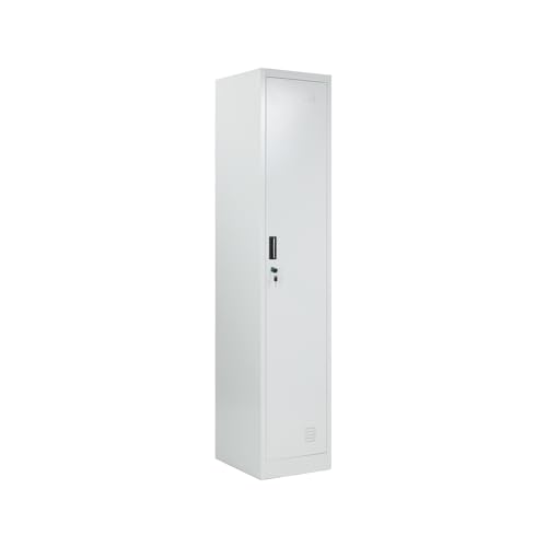 BRINDEK Taquilla Vestuario metálica 1 Puerta Blanca RAL 9016-185x30x45 cm con Cerradura, balda y Barra Interior - Incluye Llave | Armario metálico Estrecho Garaje Oficina Locker