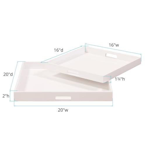 Image of Howard Elliott Collection Premium Wooden Serving Tray with Handle, Glossy White Finish Decorative Square Wood Tray Set Platters for Ottoman, Breakfast, Parties, Weddings, 20 x 20 Inch