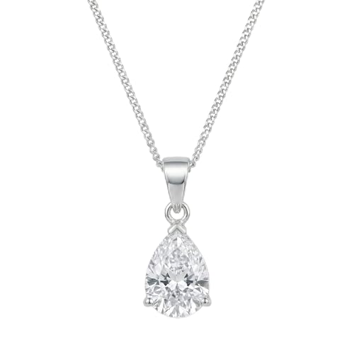 Heather Needham 925 Sterling Silver Pear Shaped Cubic Zirconia Solitaire Pendant Necklace, 7x8mm Teardrop CZ, 16 Inch Silver Chain 007CZ