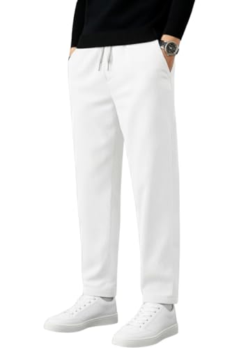 INKKR Men's Comfortable Corduroy Pants | Relaxed Fit Stretch Casual White Trousers