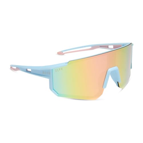 DIFF Sport Heat Designer Shield Sunglasses for women Polarized protection, Matte Baby Blue + Sherbert Rainbow Mirror