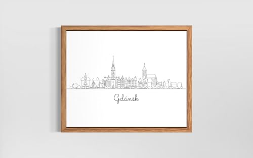 Gdańsk, Poland Poster Print Wall Art -Modern City Skyline Landmarks - Line Drawing - Sketch Minimalist Art Room B35 (Gdańsk, Poland, 20" L x 16" W, Wood Frame)