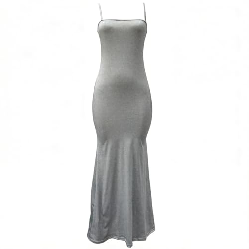 OOHOKAY Vestito da Donna Sexy, Casual, Lungo, Elegante, Senza Maniche, Schiena Nuda, Aderente, con Spalline Sottili, Maxi, Grigio-1, L