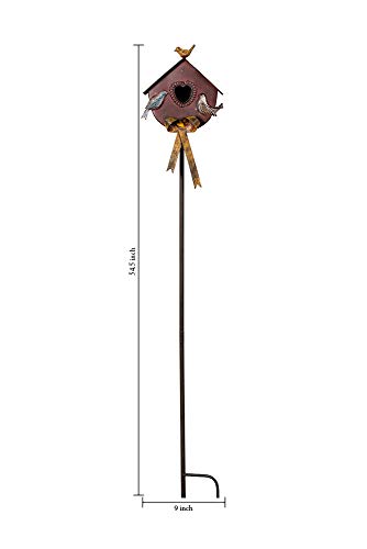 MOCOME 55\" Outdoor Bird House Stake with Pole, Rococo Birdhouse Stand with Bowknot, Antique Decorative Garden Stake, Metal Bird Houses for Outside(Claret, Oval Shape)