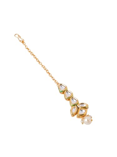 Image of Yellow Chimes Maangtikka for Women Gold Toned Kundan Studded Floral Designed White Beads Drop Maangtikka for Women and Girls