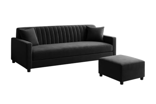 Image of 3-Seater Wooden Sofa Set with Ottoman, Soft Velvet Fabric, Comfortable Couch for Living Room, Office & Apartment - Black Color