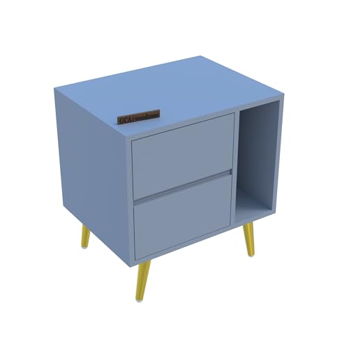 Image of Wooden Bedside Table for Bedroom | Wooden Bed Side Nightstand Lamp Table with 2 Drawers & Open Shelf Storage for Home & Hotels | HDMR Premium Wood & Iron Legs(Matte Slate Blue)