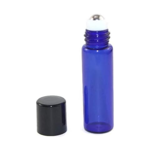 HS HEALTHY SOLUTIONS GLASSWARE 5ml COBALT BLUE Glass Roll On Roller Bottles 144 with Stainless Steel Roller Inserts & Flat Black Screw Caps - Pack of 144 each. Cover